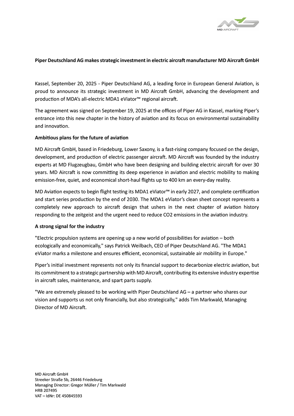 Piper Deutschland AG makes strategic investment in electric aircraft manufacturer MD Aircraft GmbH